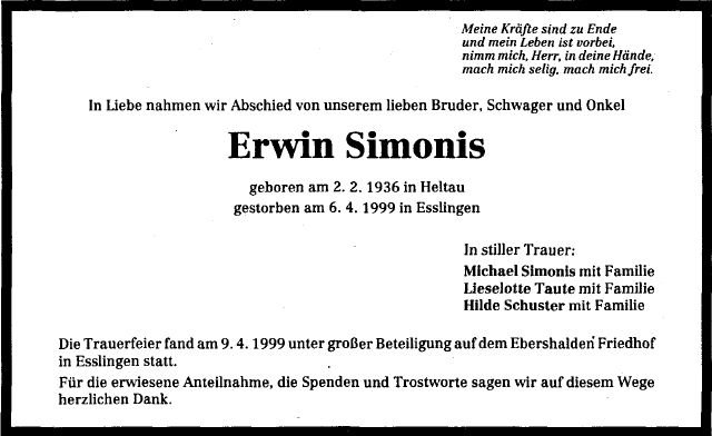 Simonis Erwin 1936-1999 Todesanzeige